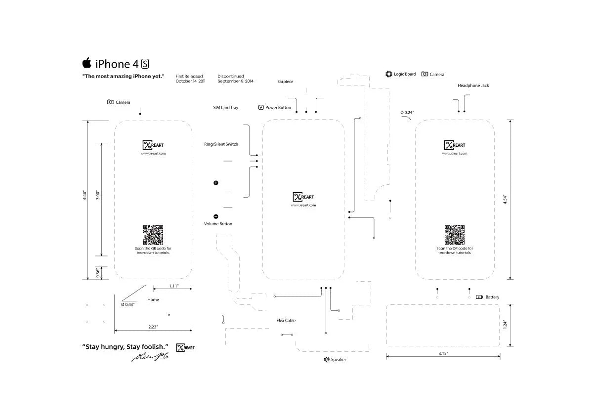 Apple iPhone 2G,3G,3GS,4,4s,5,5s,6,6s,7,8,X,watch teardown layout template PDF format (Digital Download File) XreArt Studio